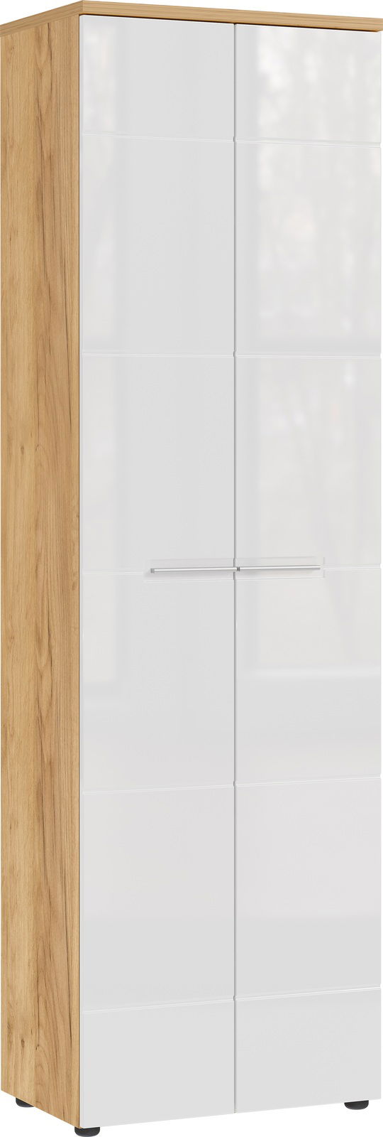 Moderner Garderobenschrank mit Holzseiten und weißen Hochglanztüren, seitliche Perspektive