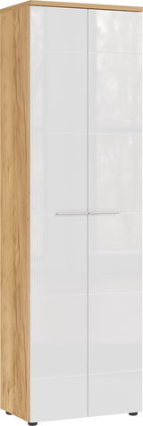 Moderner Garderobenschrank mit Holzseiten und weißen Hochglanztüren, seitliche Perspektive