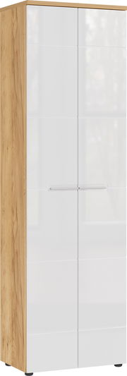 Moderner Garderobenschrank mit Holzseiten und weißen Hochglanztüren, seitliche Perspektive