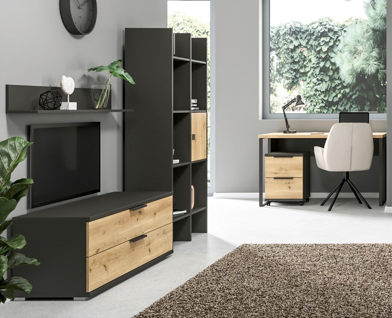 XORA TV-Element/Kommode ENDORA-F Modernes Wohnzimmer mit TV-Element und Kommode in Holzoptik, seitliche Perspektive