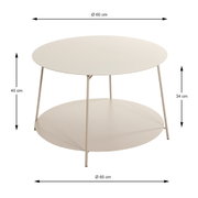 Runder, zweistöckiger Beistelltisch/Couchtisch in Beige mit Metallgestell, oben Ø 60 cm, unten Ø 65 cm, Höhe ca. 40 cm, Zwischenhöhe ca. 34 cm; schräg von vorn in leichter Seitenansicht dargestellt.