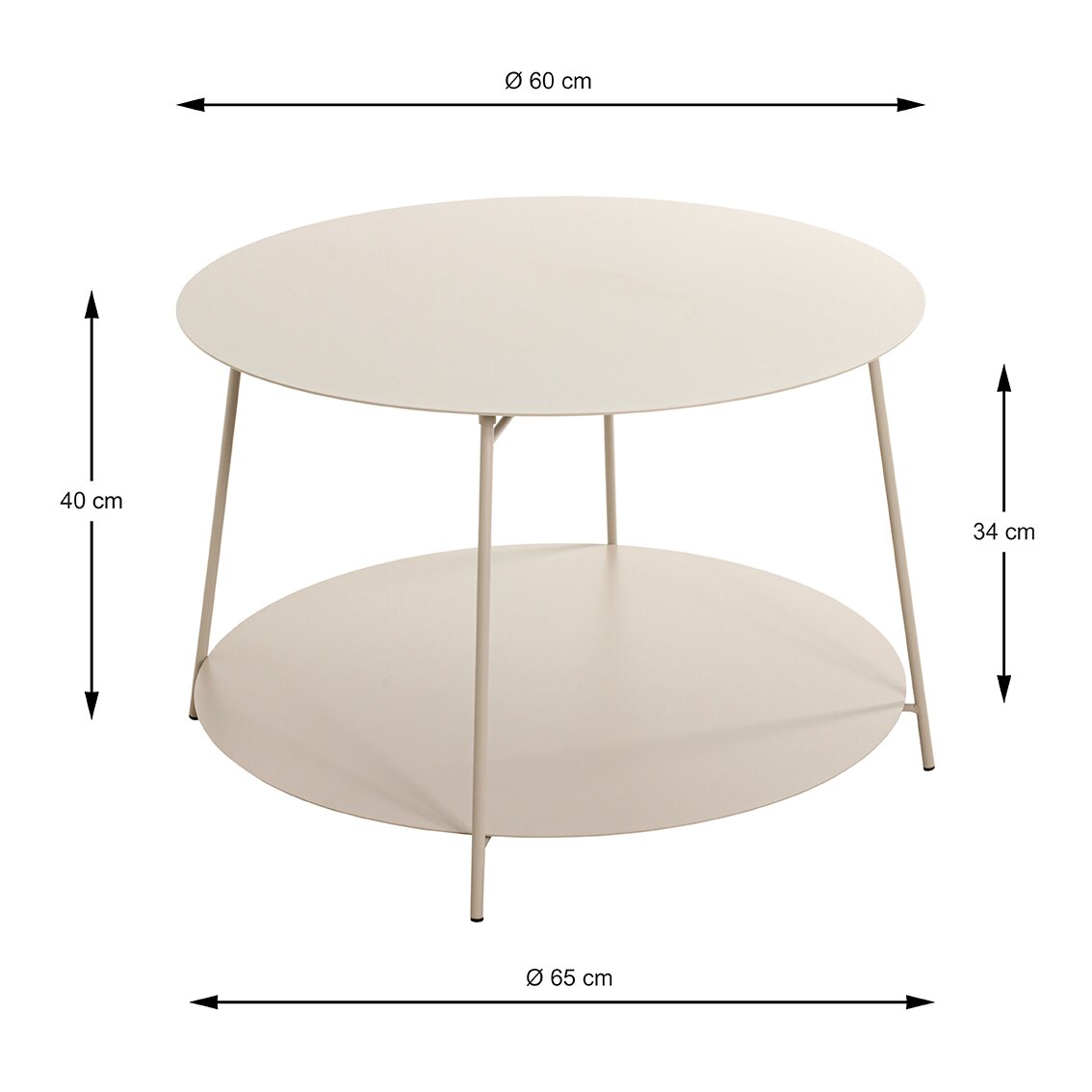 Runder, zweistöckiger Beistelltisch/Couchtisch in Beige mit Metallgestell, oben Ø 60 cm, unten Ø 65 cm, Höhe ca. 40 cm, Zwischenhöhe ca. 34 cm; schräg von vorn in leichter Seitenansicht dargestellt.