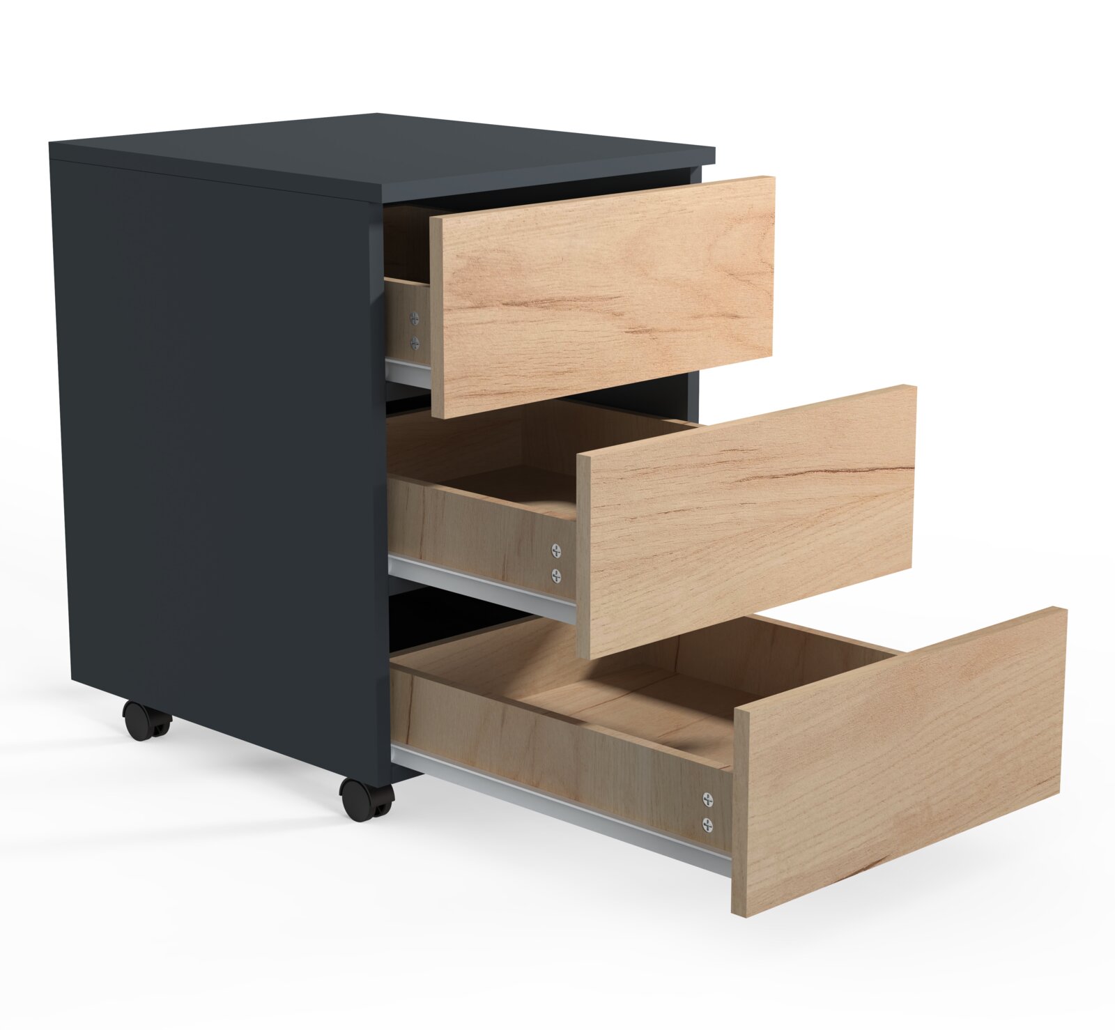 Schwarzer Rollcontainer mit drei Schubladen in heller Holzoptik, alle Schubladen geöffnet, Ansicht schräg von vorne links.