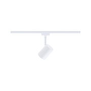 Witte railspot Luxe, frontaal afgebeeld, met een cilindrische lamp gemonteerd op een rail.