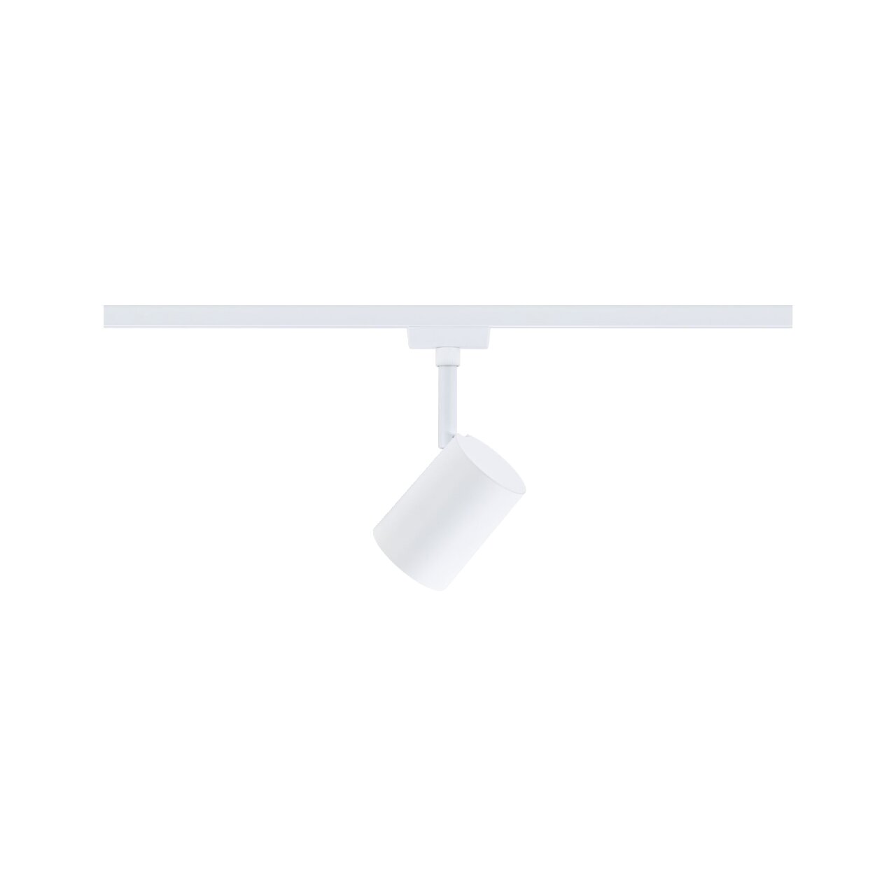 Witte railspot Luxe, frontaal afgebeeld, met een cilindrische lamp gemonteerd op een rail.