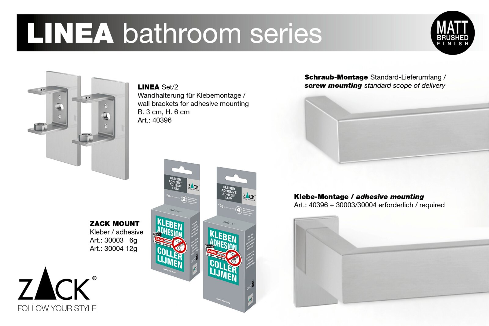 ZACK LINEA Badezimmer-Serie: Wandhalterung Set/2 für Klebemontage aus matt gebürstetem Edelstahl (Art. 40396) mit ZACK MOUNT Kleber, gezeigt in frontaler Produktansicht sowie Detailansicht aus seitlicher Perspektive