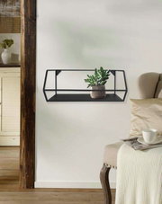 Schwarzes Wandregal mit Topfpflanze, seitliche Perspektive