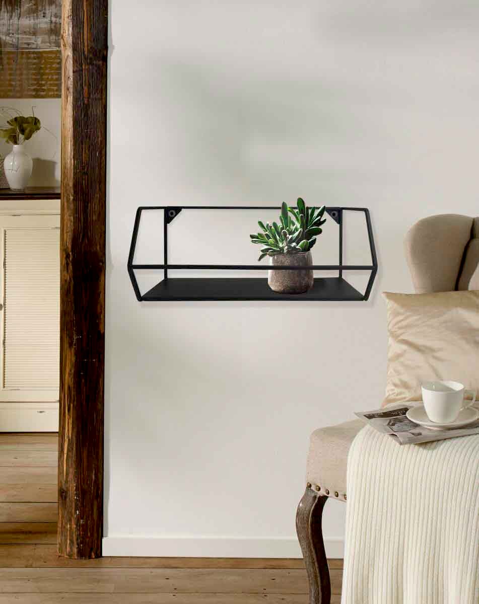 Schwarzes Wandregal mit Topfpflanze, seitliche Perspektive