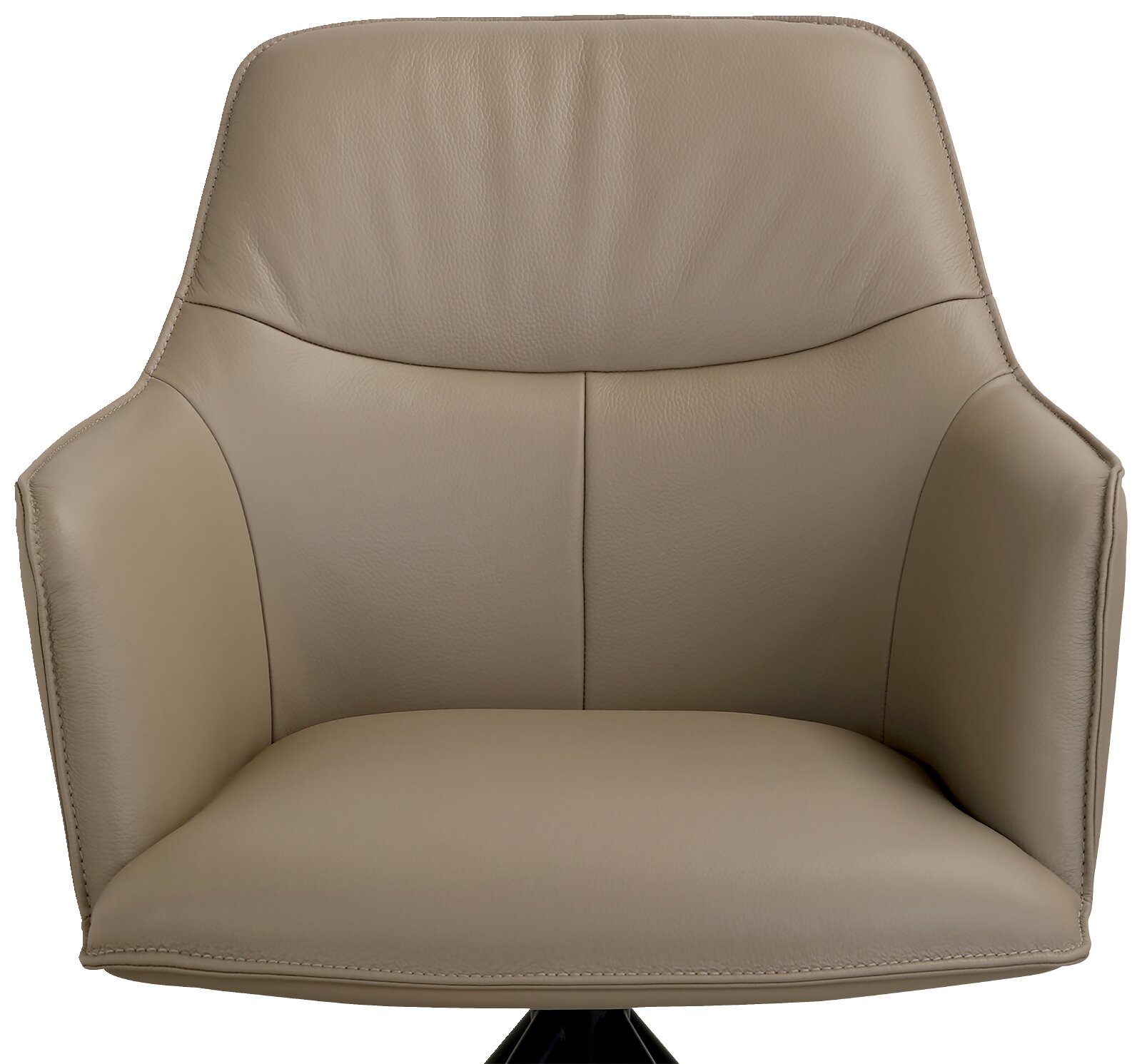 Vooraanzicht van een comfortabele taupekleurige leren fauteuil met hoge rugleuning, geïntegreerde armleuningen en zacht gevoerde zitting