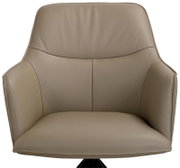 Vooraanzicht van een comfortabele taupekleurige leren fauteuil met hoge rugleuning, geïntegreerde armleuningen en zacht gevoerde zitting