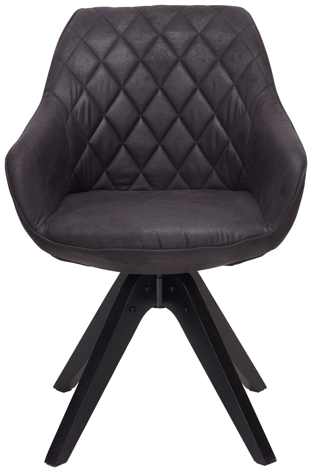 Moderner schwarzer Stuhl mit gesteppter Rückenlehne und vier Holzbeinen, Frontalansicht