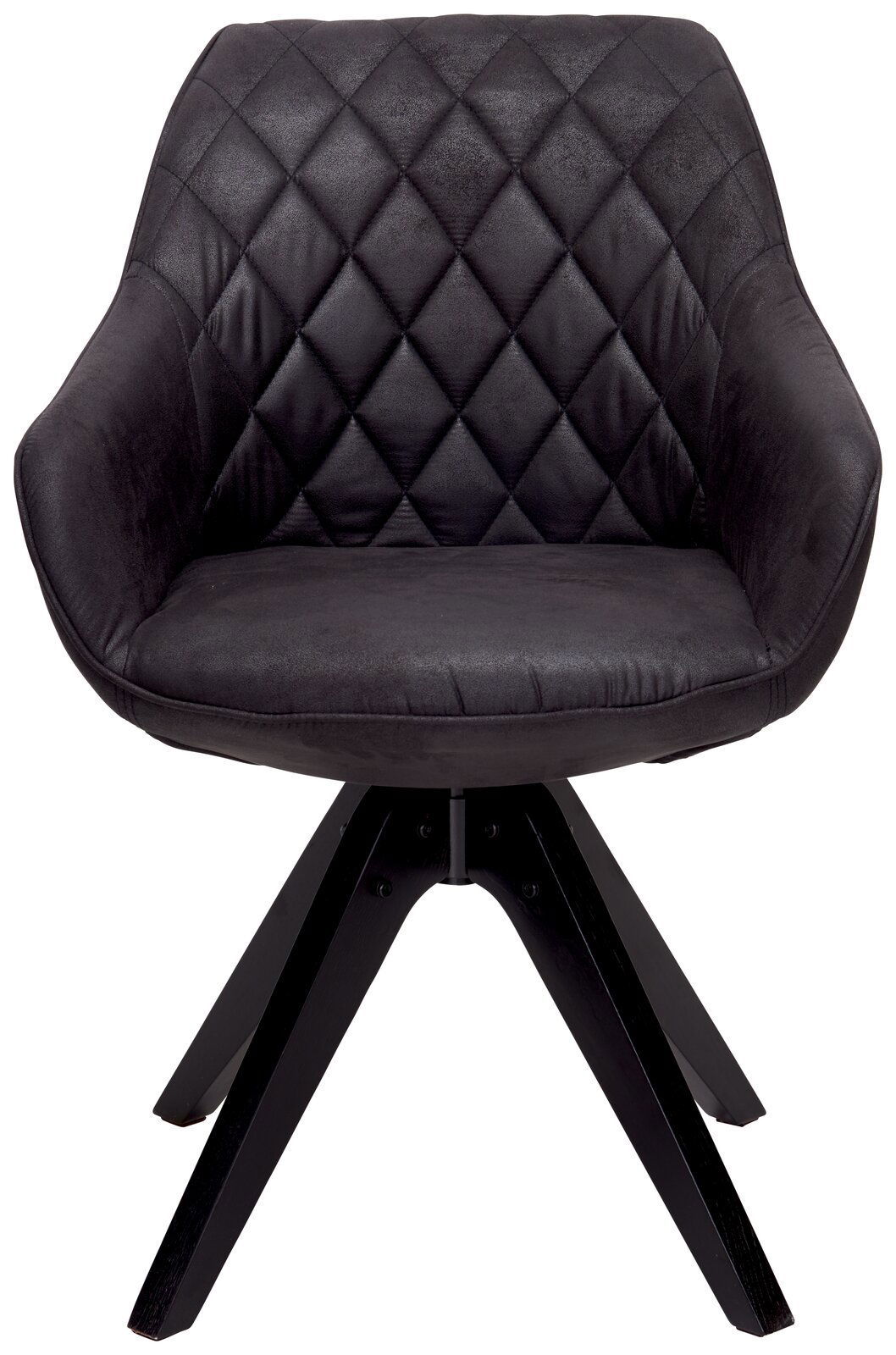 Moderner schwarzer Stuhl mit gesteppter Rückenlehne und vier Holzbeinen, Frontalansicht