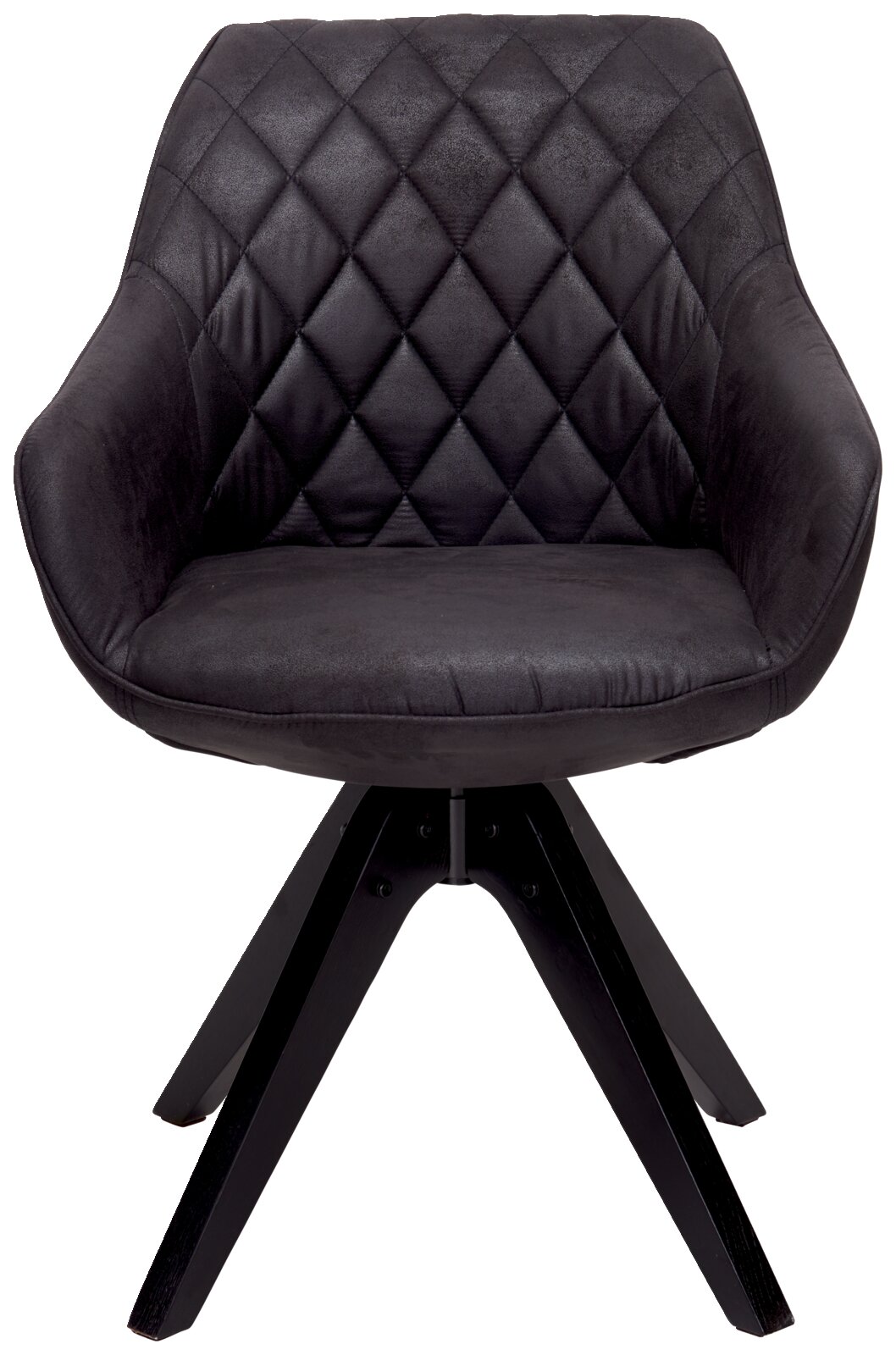 Moderner schwarzer Stuhl mit gesteppter Rückenlehne und vier Holzbeinen, Frontalansicht