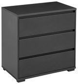 Schwarze Kommode mit drei Schubladen, perspektivisch von vorne links fotografiert