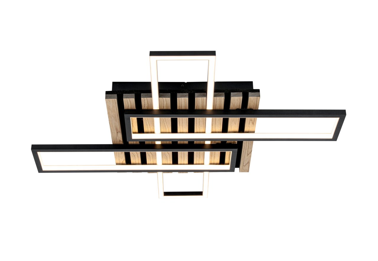 Moderne LED-Deckenleuchte mit rechteckigen Rahmen in Holzoptik und schwarzem Finish, Ansicht von unten.