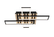 Moderne LED-Deckenleuchte mit rechteckigen Rahmen in Holzoptik und schwarzem Finish, Ansicht von unten.