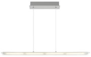 Moderne LED-Hängeleuchte in rechteckiger Form, von vorne betrachtet, mit zwei Aufhängungen und einem schlichten, silbernen Baldachin.