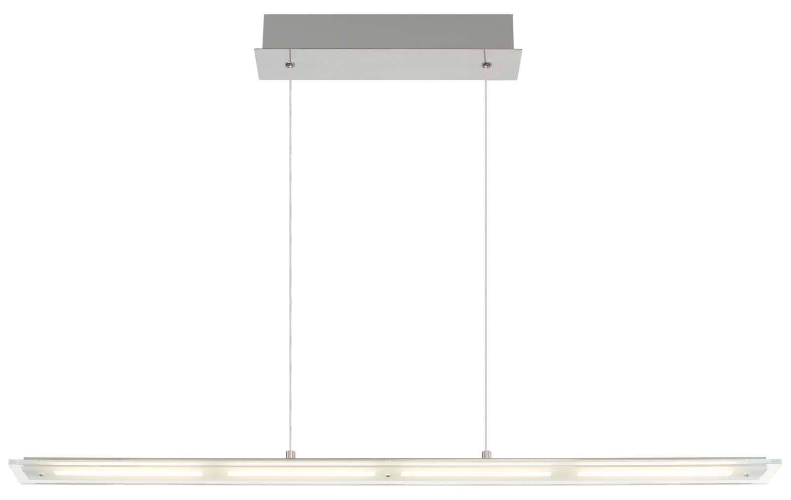 Moderne LED-Hängeleuchte in rechteckiger Form, von vorne betrachtet, mit zwei Aufhängungen und einem schlichten, silbernen Baldachin.