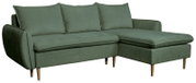 Grünes Ecksofa mit Holzbeinen, Perspektive von vorne links
