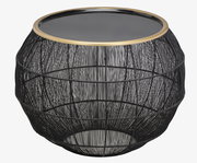 Moderner Beistelltisch mit schwarzem Drahtgestell und Glasplatte, seitliche Perspektive