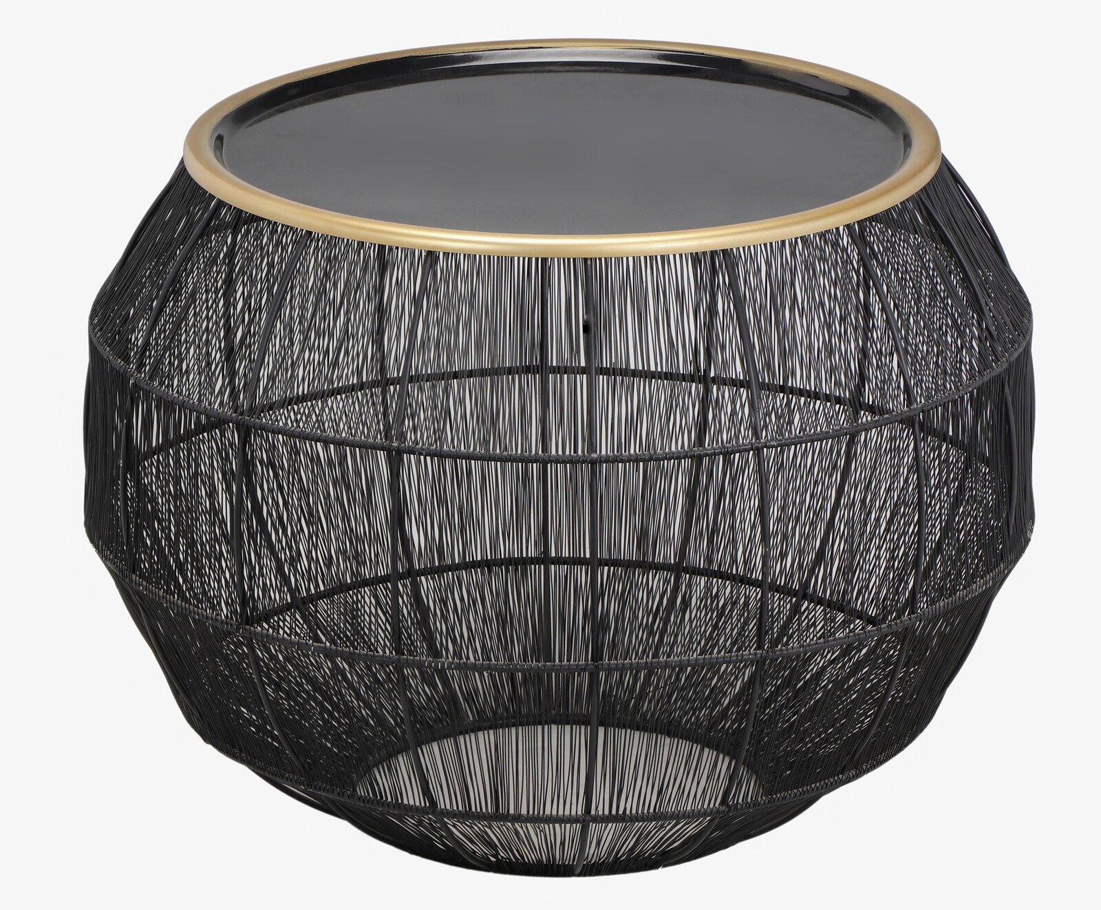 Moderner Beistelltisch mit schwarzem Drahtgestell und Glasplatte, seitliche Perspektive