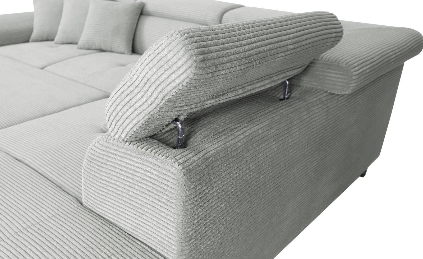 Nahaufnahme einer hellgrauen Rundecke mit verstellbarer Kopfstütze und geripptem Stoffbezug, seitliche Perspektive.
