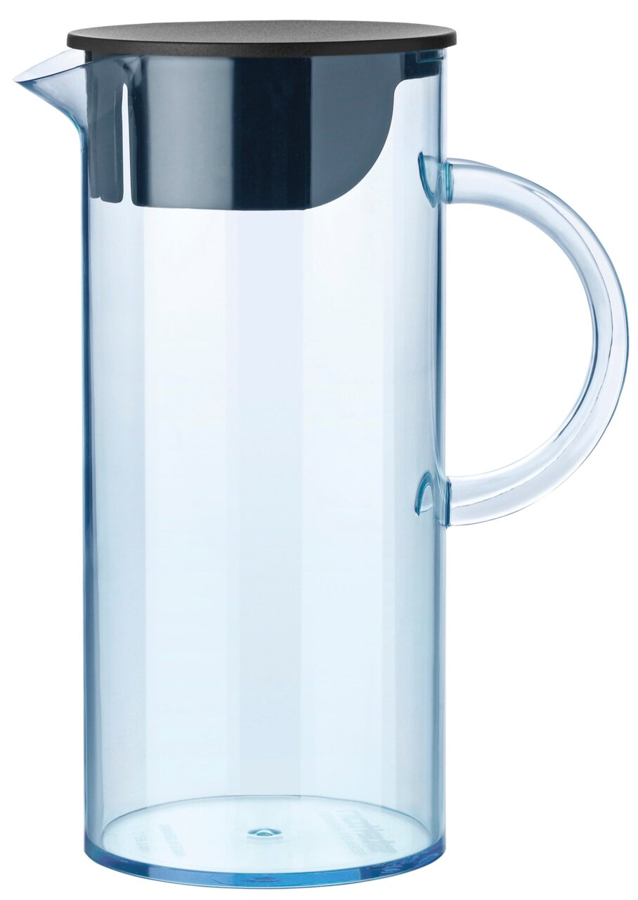 Doorzichtige Stelton-kan met zwart deksel en handvat, zijaanzicht
