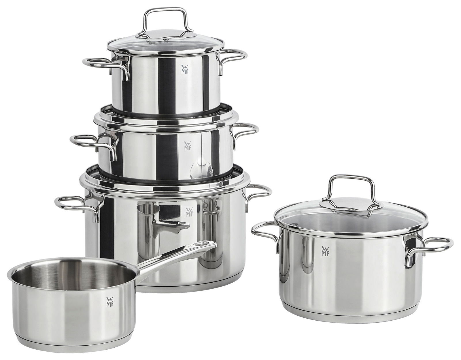 Fünfteiliges Topfset Astoria aus Edelstahl, bestehend aus vier Töpfen mit Deckeln und einer Stielkasserolle, in seitlicher Perspektive.