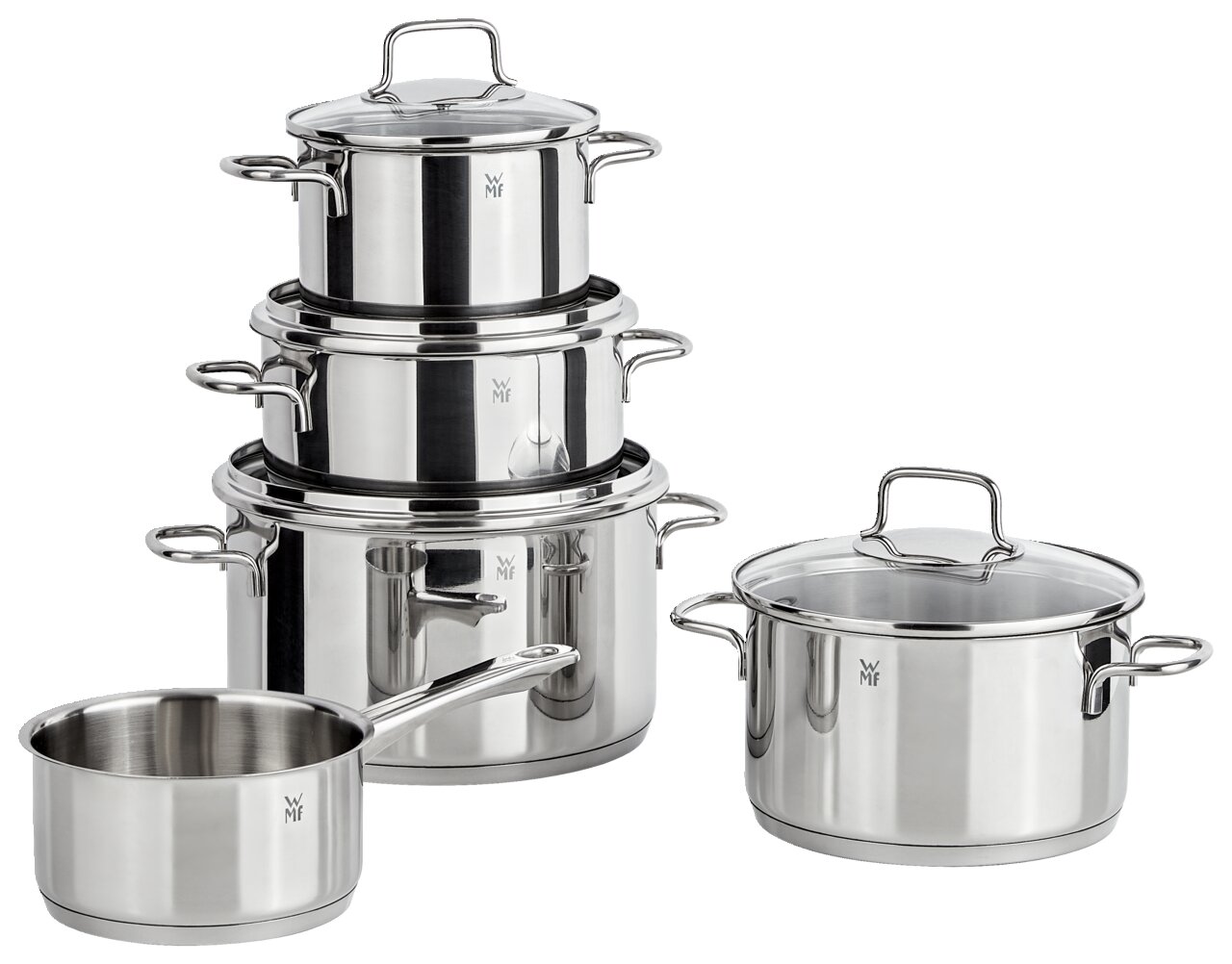 Fünfteiliges Topfset Astoria aus Edelstahl, bestehend aus vier Töpfen mit Deckeln und einer Stielkasserolle, in seitlicher Perspektive.
