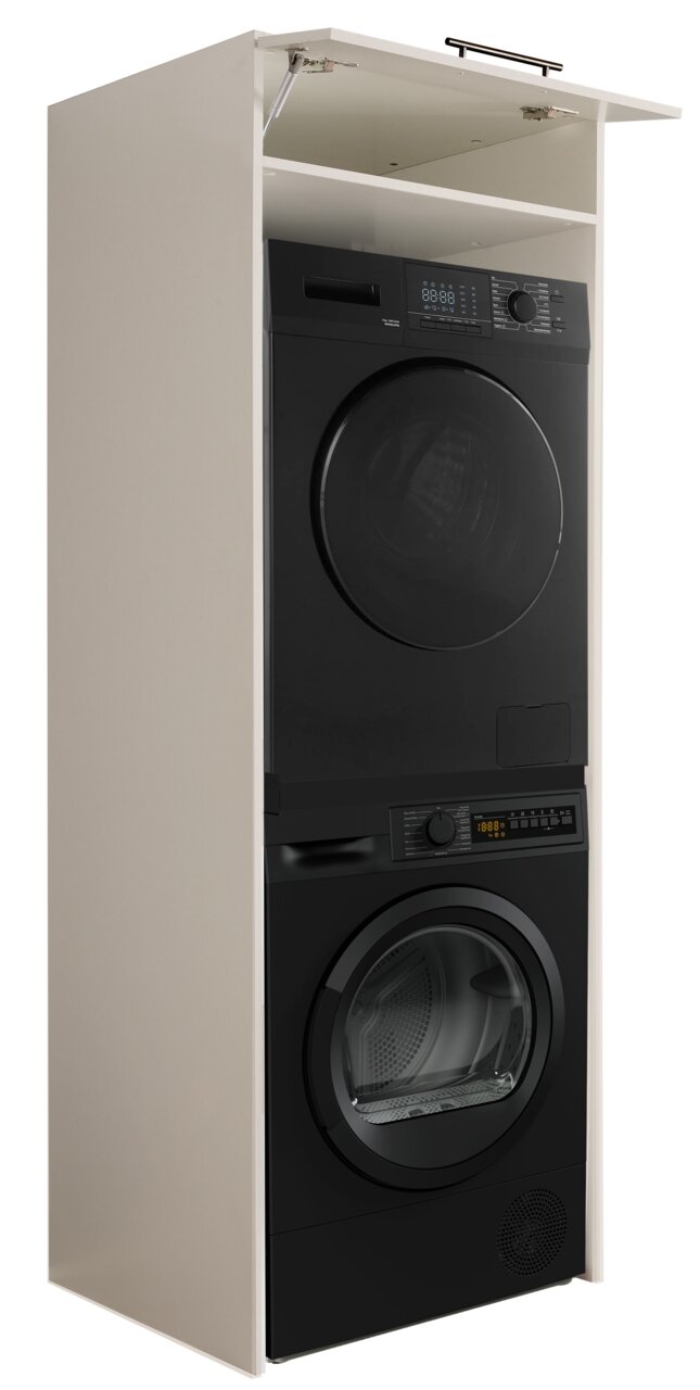 Witte wasmachinekast met opklapbare deur en opbergruimte, met daarin een zwarte was-droogcombinatie (droger boven, wasmachine onder), schuin aanzicht vanaf linksvoor