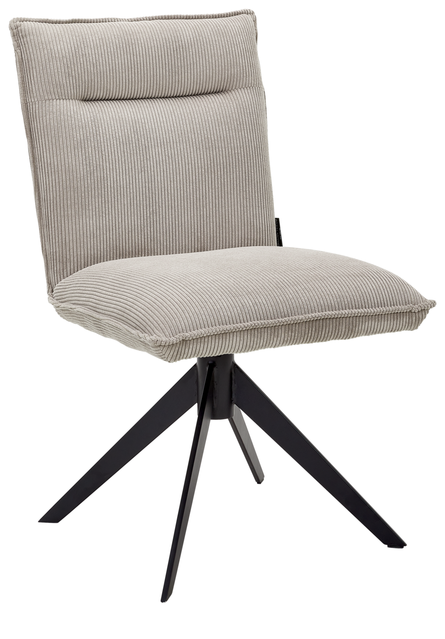 Johann Jakob Stuhl CALAS Moderner Stuhl mit grauem, geripptem Stoffbezug und schwarzem Metallgestell, seitliche Perspektive