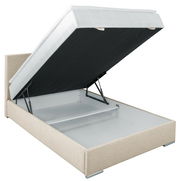 Boxbett 140 mit hochgeklappter Matratze und Stauraum, seitliche Perspektive