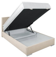 Boxbett 140 mit hochgeklappter Matratze und Stauraum, seitliche Perspektive