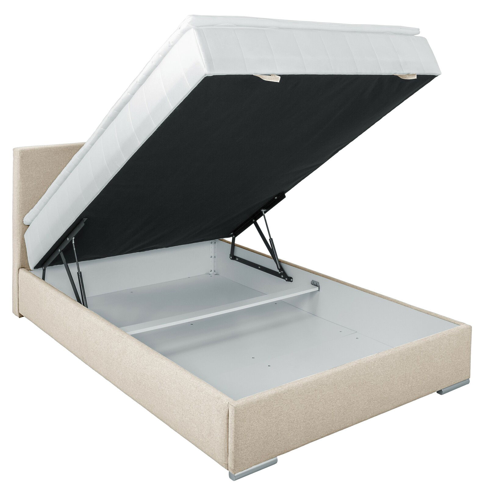 Boxbett 140 mit hochgeklappter Matratze und Stauraum, seitliche Perspektive