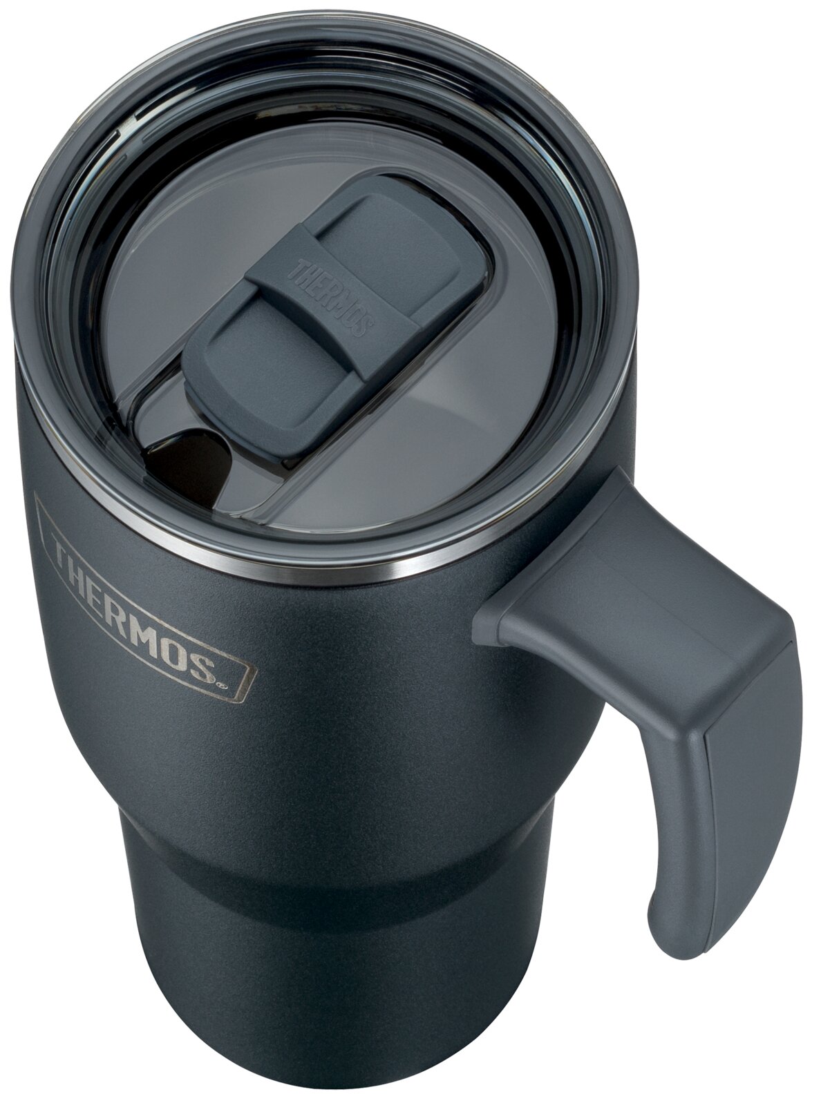Donkergrijze Thermos-isoleerbeker met handvat en transparant schuifdeksel, schuin van bovenaf gezien