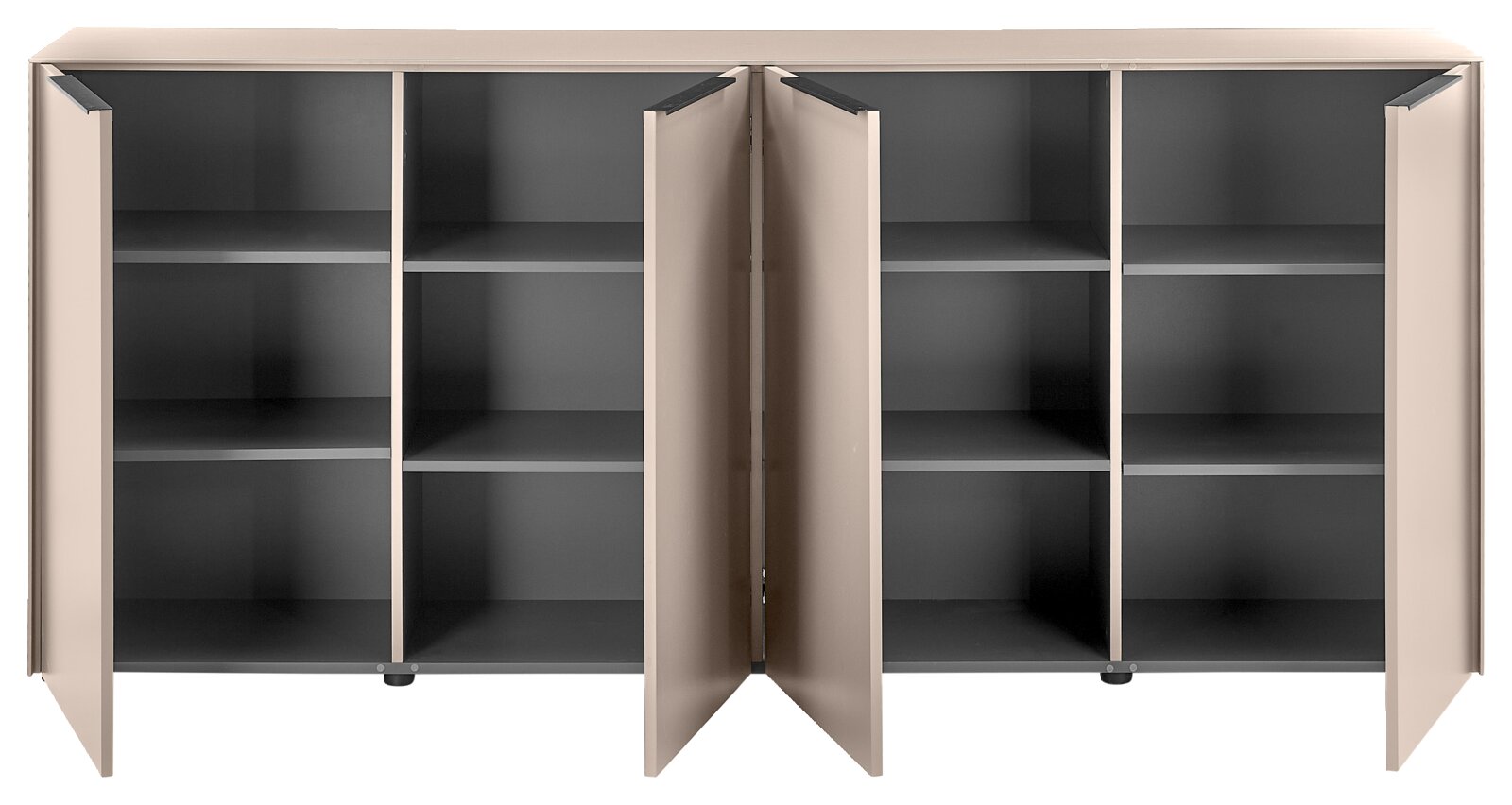 Offenes Sideboard/Schrank mit beigen Türen und grauen Regalböden, Innenfächern und Mitteltrennwand, Frontansicht
