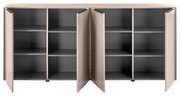 Offenes Sideboard/Schrank mit beigen Türen und grauen Regalböden, Innenfächern und Mitteltrennwand, Frontansicht