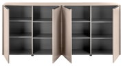 Offenes Sideboard/Schrank mit beigen Türen und grauen Regalböden, Innenfächern und Mitteltrennwand, Frontansicht
