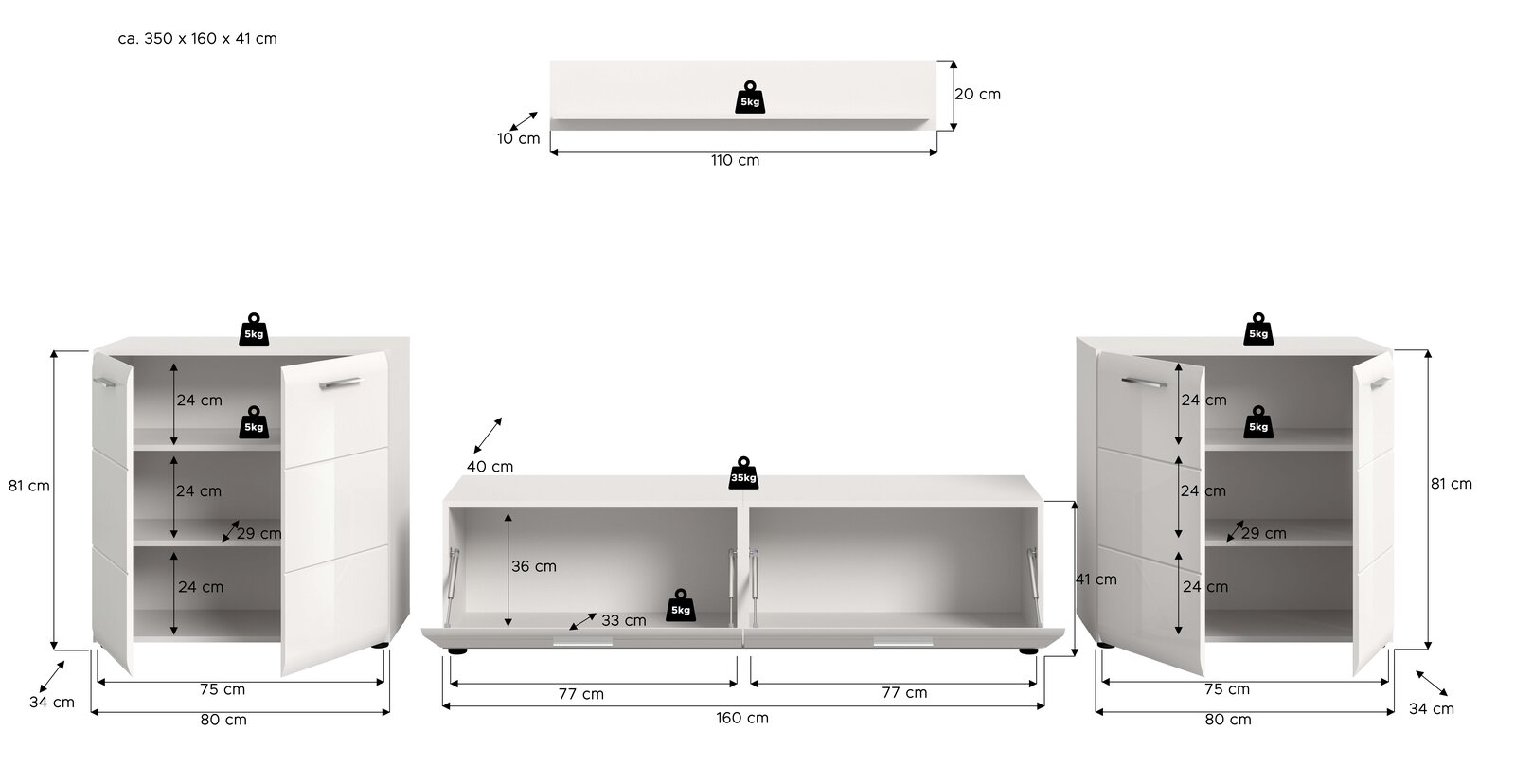 Weiße Wohnwand/TV-Möbel-Set mit zwei hohen Schränken und einem Lowboard, Türen geöffnet, mit Maßangaben und Belastungsangaben, Frontansicht