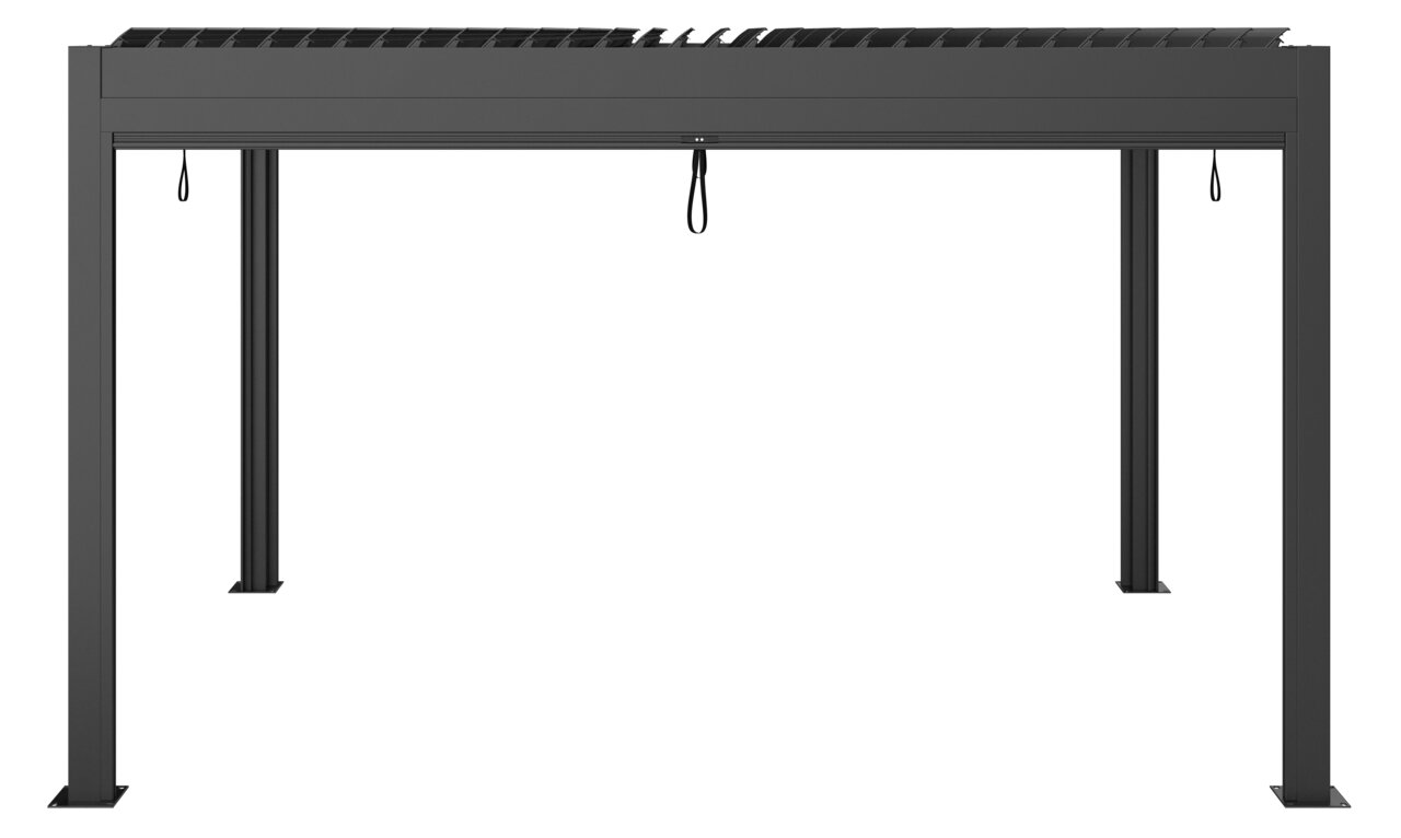 Moderner Pavillon aus Metall mit Lamellendach, Frontalansicht