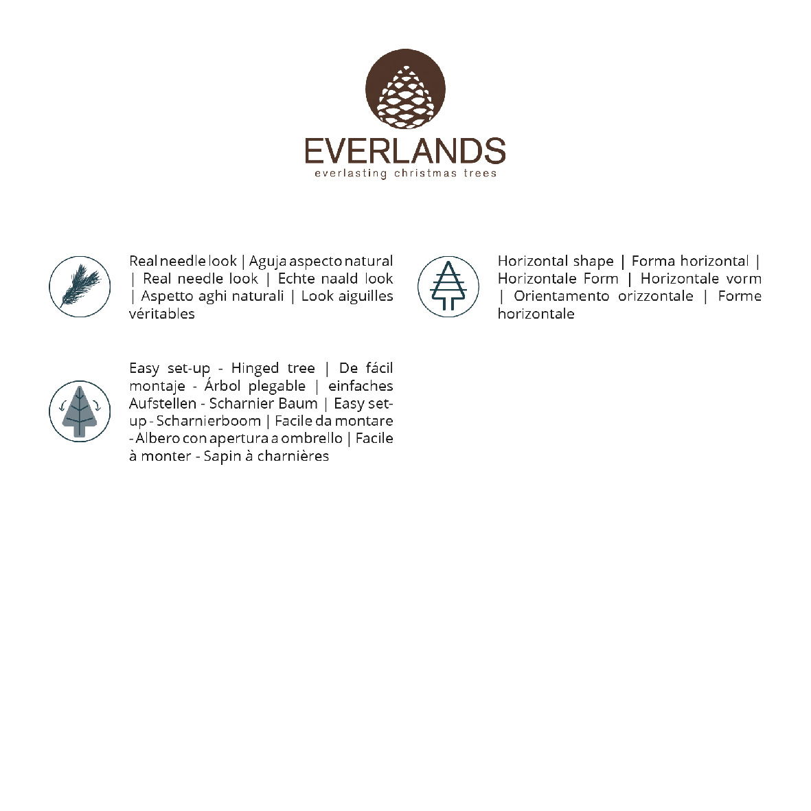 Everlands Weihnachtsbaum mit echtem Nadel-Look, einfacher Aufbau durch Scharnierbaum-Design, horizontale Form, Ansicht von vorne.