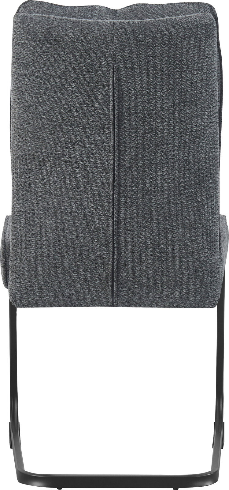 Rückansicht eines gepolsterten Esszimmerstuhls mit dunkelgrauem Stoffbezug und schwarzem Freischwinger-Metallgestell vor weißem Hintergrund