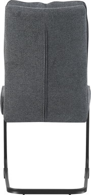 Rückansicht eines gepolsterten Esszimmerstuhls mit dunkelgrauem Stoffbezug und schwarzem Freischwinger-Metallgestell vor weißem Hintergrund