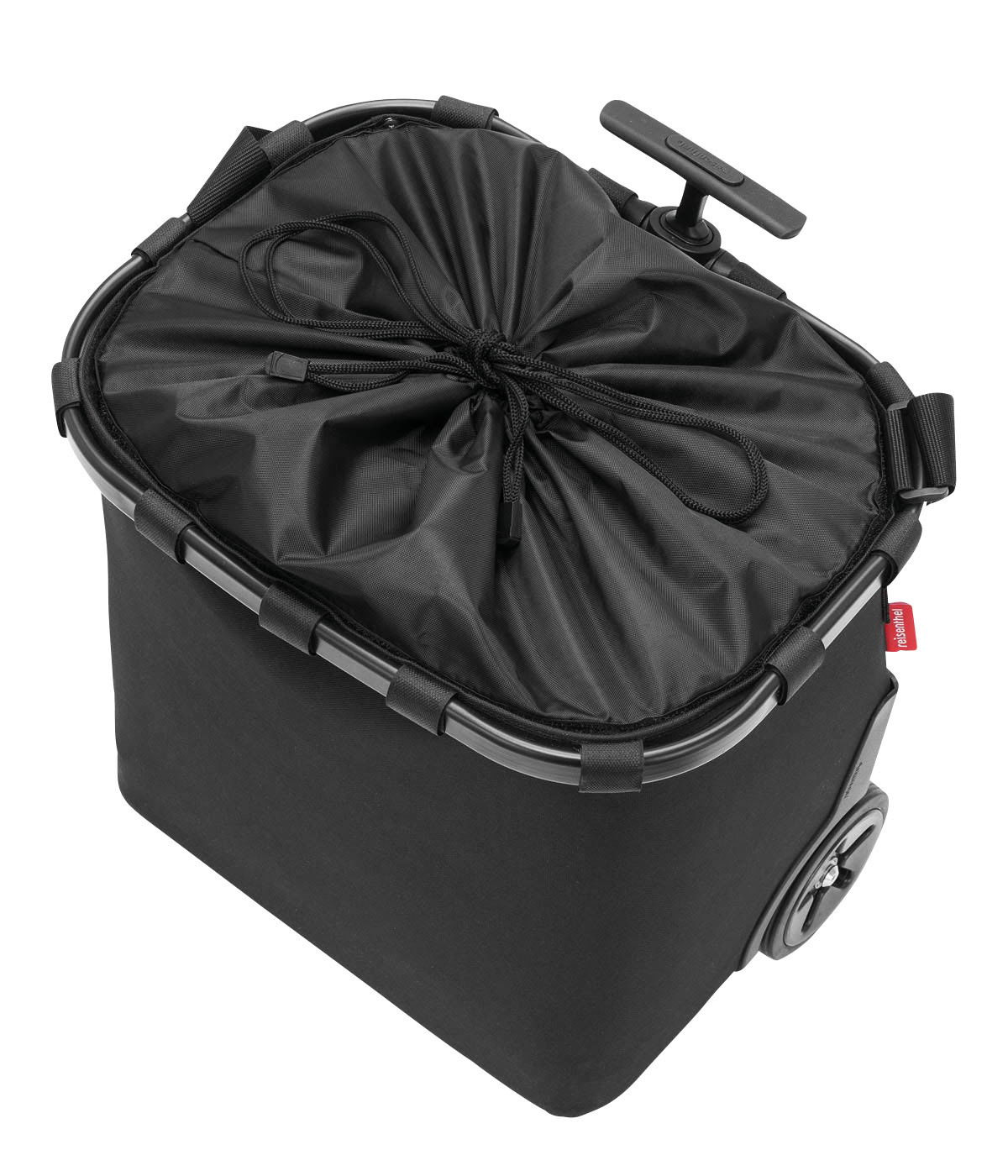 Schwarzer Carrycruiser mit Rahmen und Rädern, von oben betrachtet, mit Kordelzugverschluss.