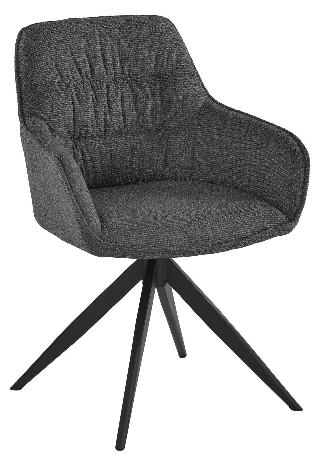 Grauer Armlehnstuhl mit gepolsterter Sitzfläche und schwarzem Metallgestell, seitliche Perspektive