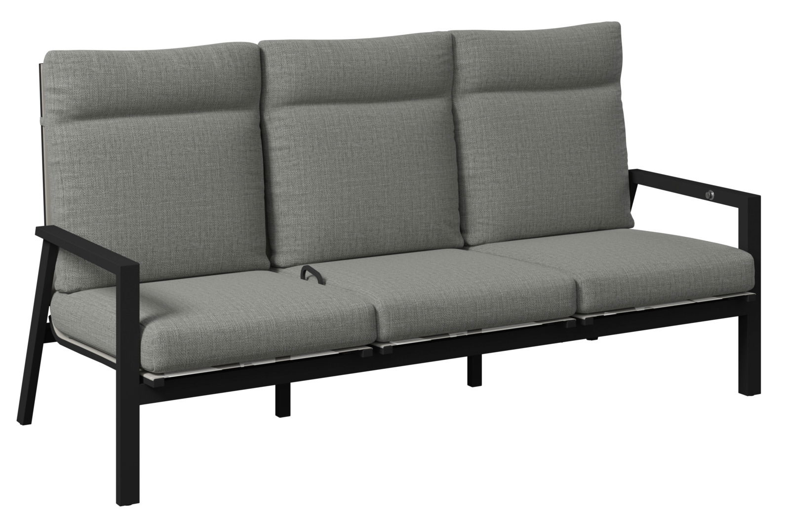 Amatio Gartenbank 3-Sitzer LUZERN PLUS Gartenbank 3er mit grauen Polstern und schwarzem Metallrahmen, seitliche Perspektive