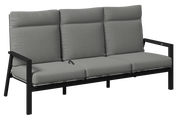 Gartenbank 3er mit grauen Polstern und schwarzem Metallrahmen, seitliche Perspektive