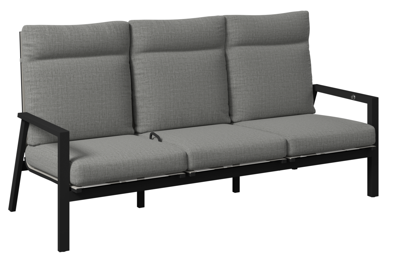 Gartenbank 3er mit grauen Polstern und schwarzem Metallrahmen, seitliche Perspektive