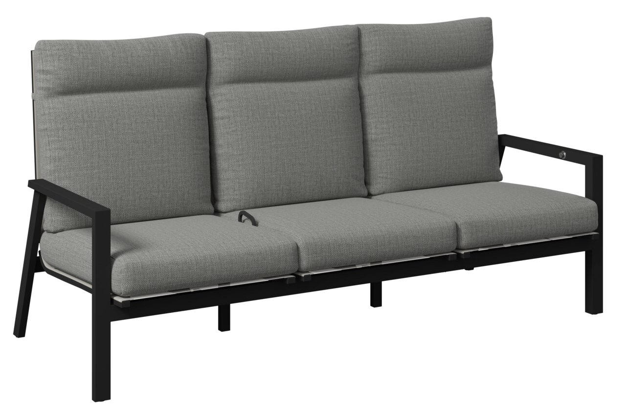 Amatio Gartenbank 3-Sitzer LUZERN PLUS Gartenbank 3er mit grauen Polstern und schwarzem Metallrahmen, seitliche Perspektive