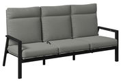 Gartenbank 3er mit grauen Polstern und schwarzem Metallrahmen, seitliche Perspektive
